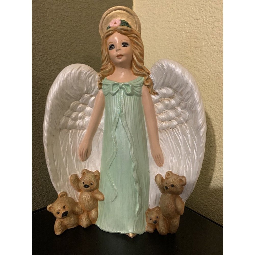 Unique Large Ceramic Angel with Teddy Bears Signed Gorgeous Gown White Green 9”